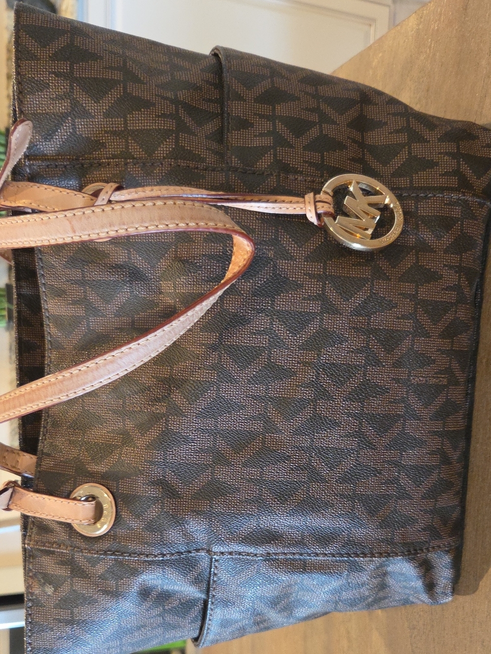 Michael Kors Brown Logo Tote with Tan Leather Straps and Gold MK Charm